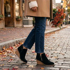 Womens Goldie Wedge Ankle Bootie Black Suede with Studs