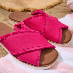 Womens Mae Crossover Slide Sandal Fuchsia Heritage Canvas Fray