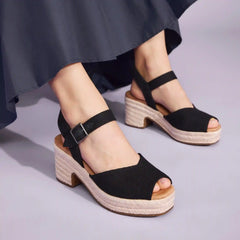 Isla Peep Toe Heeled Sandal Black Beachside Woven