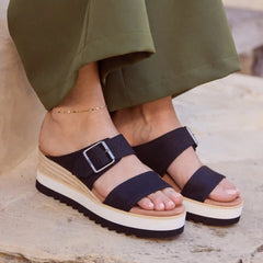 Diana Mule Buckle Wedge Sandal Black Heavy Canvas