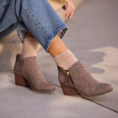 Womens Goldie Wedge Ankle Bootie Metallic Twill Chocolate Brown