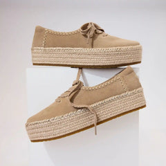 Womens Valencia Lace-Up Platform Espadrille Taupe Deco Stitch Suede